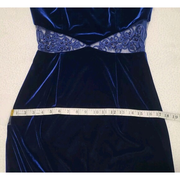 Bari Jay Dress Women's 9/10 Blue Velvelt Illusion Beaded Halter Holiday Maxi - Picture 8 of 10